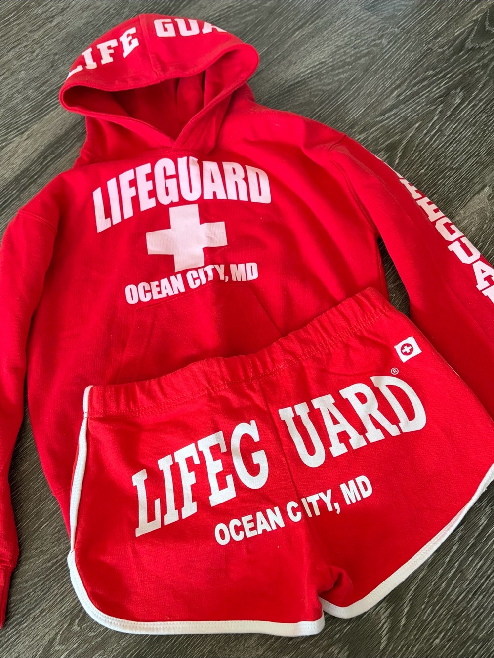 Red Life-Guard Apparel Ocean City Maryland Hoodie & Shorts Set Girls Kids Small